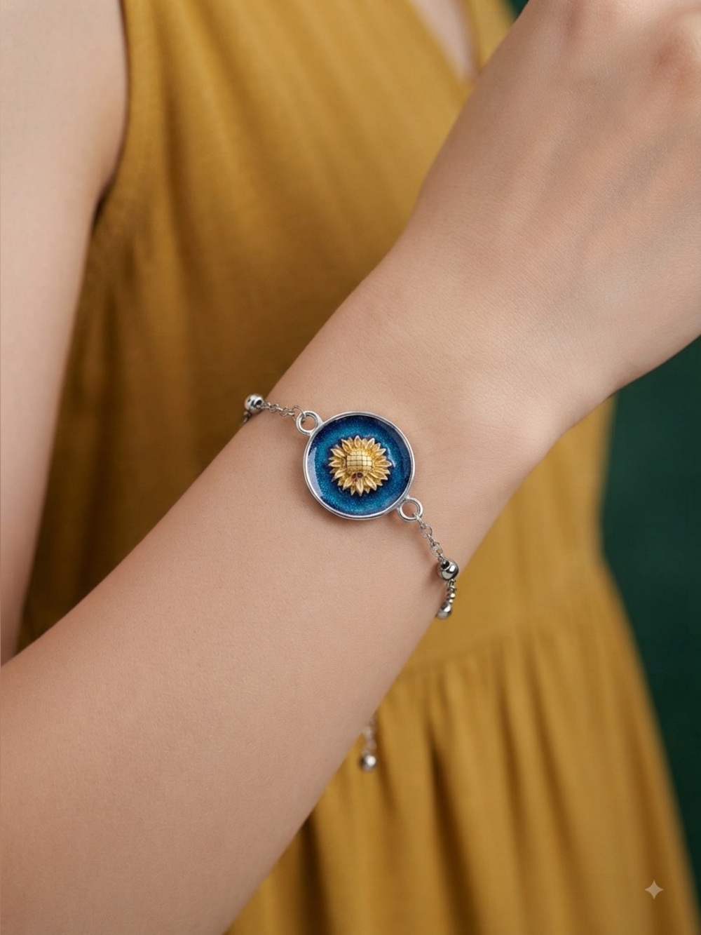 Blue Enamel Sunflower Bracelet – Adjustable Gold Tone